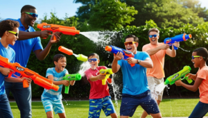 Group of family members and friends having a Super Soaker War!