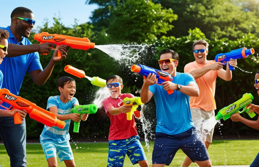 Group of family members and friends having a Super Soaker War!